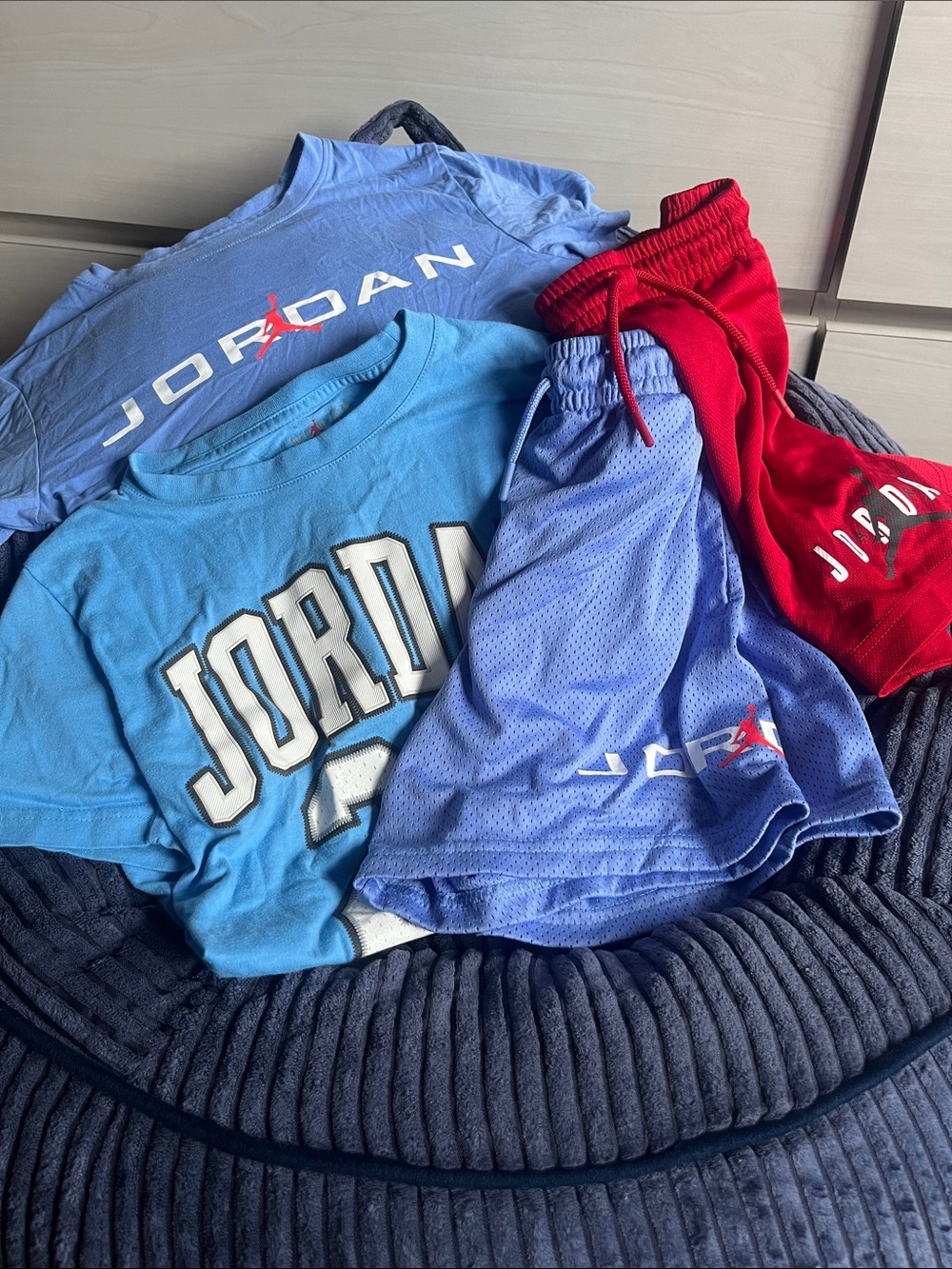 Jordan Mix Tee and Shorts Set in Light Blue, Royal Blue, and Red
